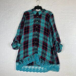 Soft Surroundings Tunic Womens XL Adeline Turquoise Red Blue Plaid Lace Hem Top